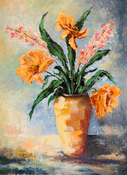 Photo of vintage floral painting on board