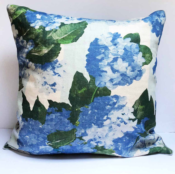 blue stripe hydrangea linen pillow front