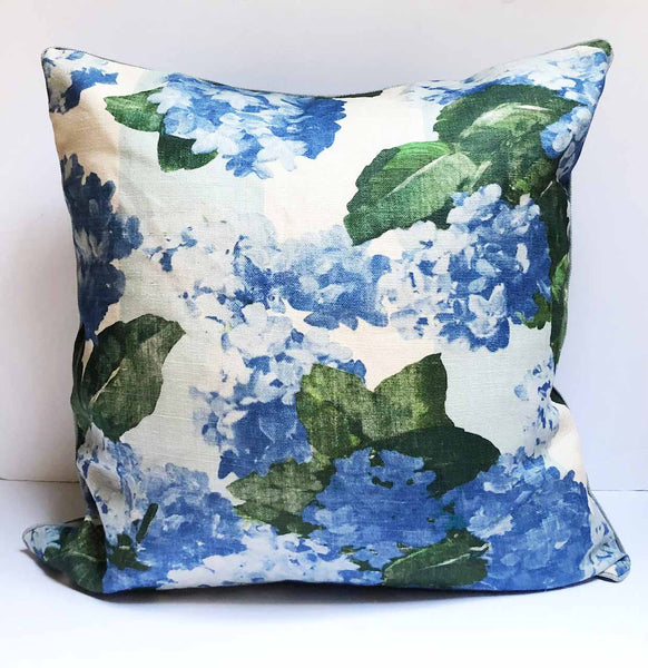blue stripe hydrangea linen pillow back