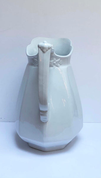 Grey Gardens Vintage tall white ironstone pitcher side view