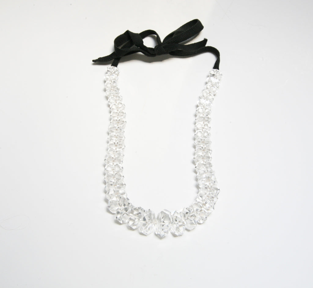 52”Long Crystal and Pearl Vintage Necklace with black shops and clear Crystals