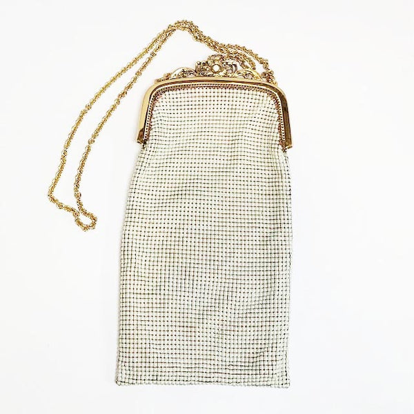 Little Edie style white enameled mesh bag