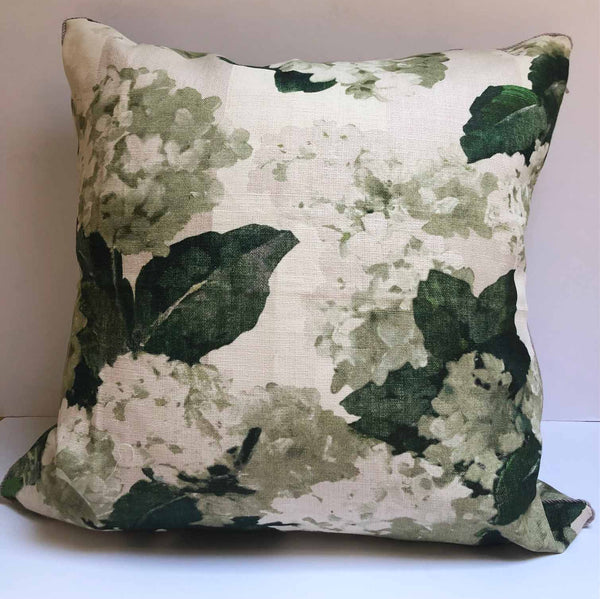 white stripe hydrangea linen pillow back view