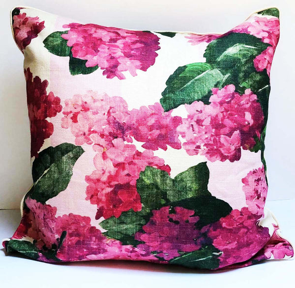 Grey Gardens® | Pink Hydrangea Linen Pillow With Stripe