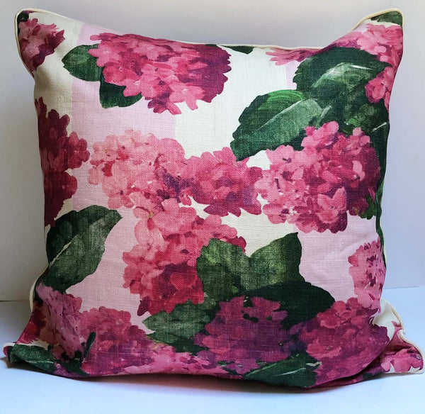 Pink striped linen hydrangea pillow back