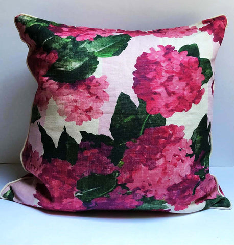 Grey Gardens® | Pink Hydrangea Linen Pillow With Stripe