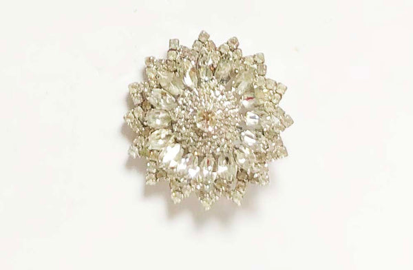 Vintage Little Edie style rhinestone brooch front round