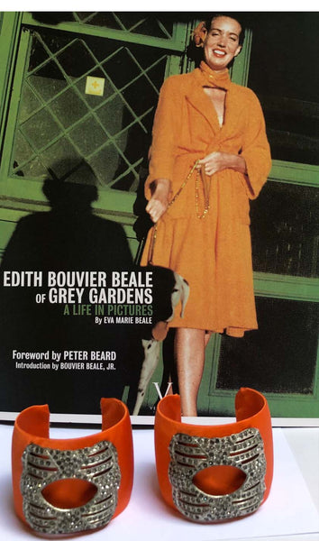 Orange silk cuffs embellished with deco buckle with rhinestones