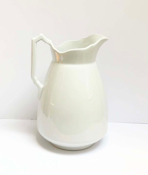 White tall ironstone pitcher grey gardens side view